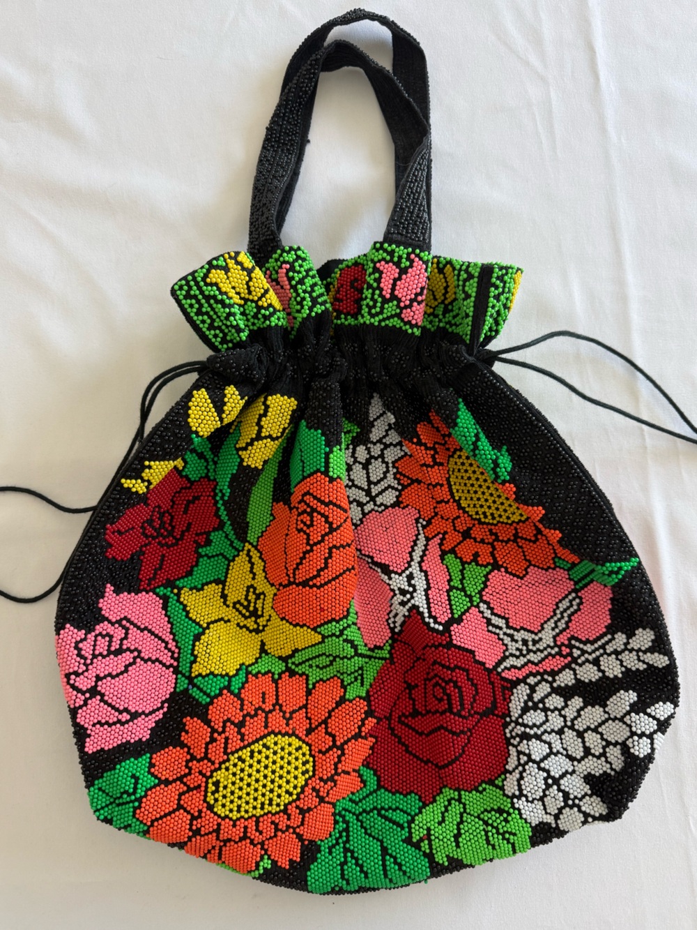 Vintage Beaded Floral Drawstring Tote Bag - Black with Multicolor Flowers